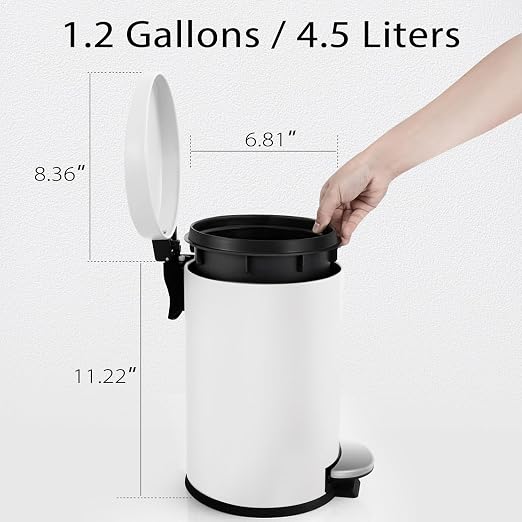 TIPGO Small Trash Can with Lid Soft Close, 4.5 Liters / 1.2 Gallon Bathroom Garbage Can, Mini Step Trash Bin, Stainless Steel Wastebasket for Bathroom, Bedroom, Office (White) - Image 5