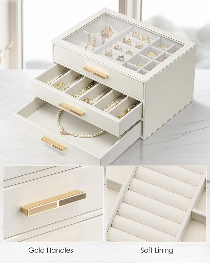 VLANDO Jewelry Box for Women, Glass Lid Jewelry Organizer with 3 Drawers for Necklaces Rings Earrings Bracelets Mother Day Gift for Mom - Cloud White - Image 3
