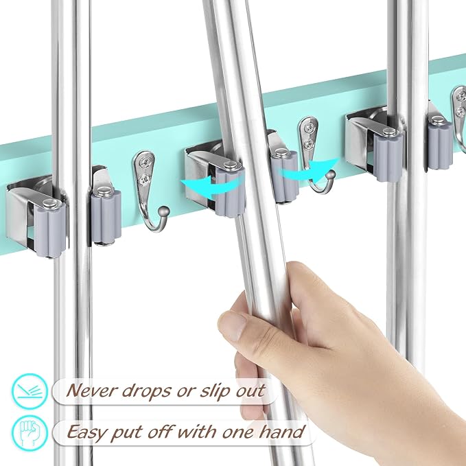 OUTNILI Turquoise Mop Broom Holder Wall Mount with 4 Slots & 4 Hooks - Wood Broom Mop Hanger for Pantry Closet Laundry Room Organization - for Teal Kitchen Decor and Accessories - Image 2