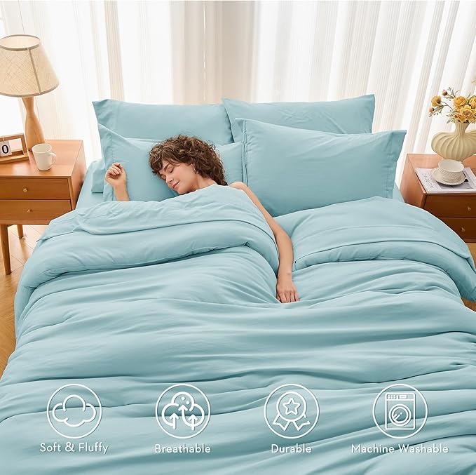 MUXHOMO 7 Pieces Full Comforter Set, Soft Bed in a Bag Full Size, All Season Bedding Set with Comforter, Flat Sheet, Fitted Sheet, Pillowcases & Shams, Lake Blue