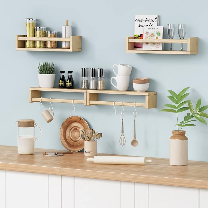 Forbena Natural Wood Nursery Book Shelves Wall Mounted, Floating Bookshelf for Kids Room, Toys and Books Storage Organizer Bookshelves for Toddler Child Bedroom Bathroom (4 Pack Natural Wood) - Image 6
