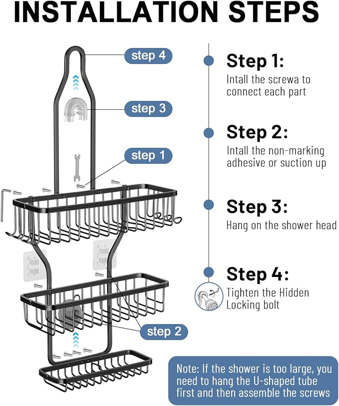 Shower Caddy Hanging - Never Rust Shower Hanging Organizer - Aluminum Over the ShowerHead Caddy with Soap Basket and 6 Hooks for Razor/Sponge (Black) - Image 8