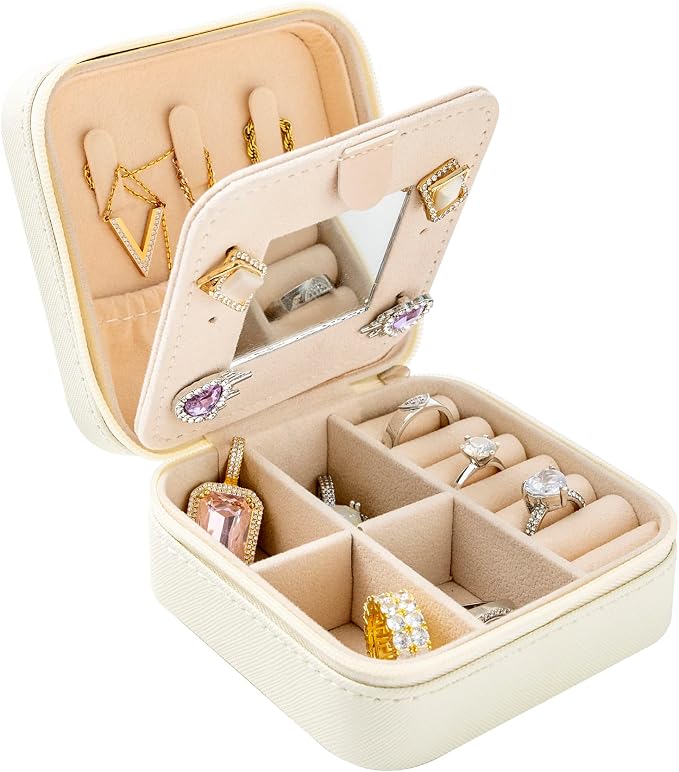 KElofoN Travel jewelry case Travel jewelry box Travel Jewelry Organizer Small Jewelry Organizer Box Gift for Girls Women with Mirror(White) by KElofoN