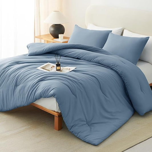 CozyLux California King Comforter Set Grayish Blue, 3 Pieces Cal King Solid Breathable Quilted Bedding Set, Dusty Blue Luxury Soft Lightweight Bed Set with Down Alternative Comforter and 2 Pillowcases