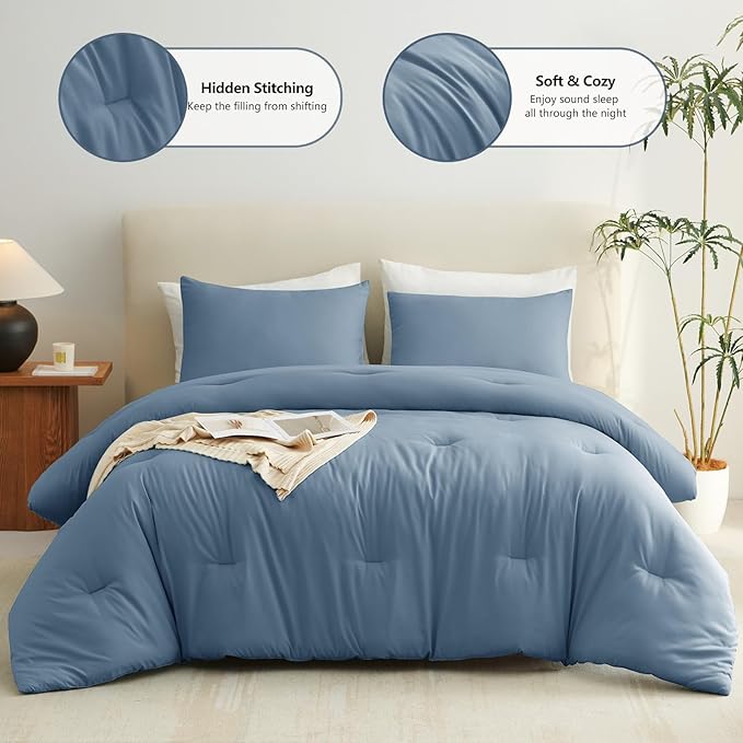 CozyLux Oversized King Comforter Set Grayish Blue, 3 Pieces 120x98 Solid Breathable Quilted Bedding Sets, Dusty Blue Luxury Soft Lightweight Bed Set with Down Alternative Comforter and 2 Pillowcases
