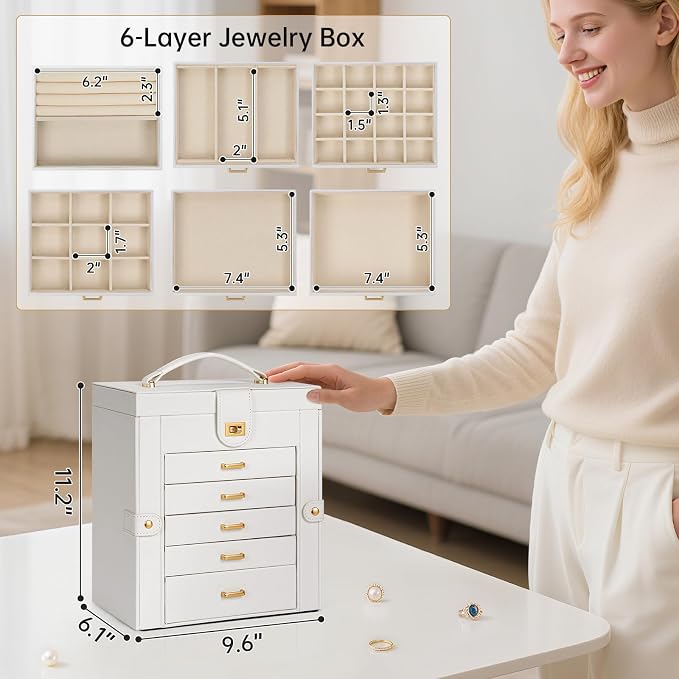 AKOZLIN 6-Tier Jewelry Box Organizer Functional 5 Drawers Leather Jewelry Storage Case for Women Girls Ring Necklace Earring Bracelet Holder Organizer with Mirror White - Image 5