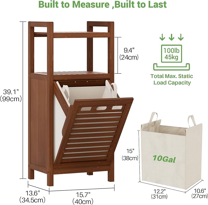 Homykic Tilt Out Laundry Hamper, 10 Gal Bamboo Laundry Storage Cabinet with Removable Basket, Hidden Hamper Organizer with Shelf for Dirty Clothes, Bathroom, Laundry Room, Space Saving, Walnut - Image 7