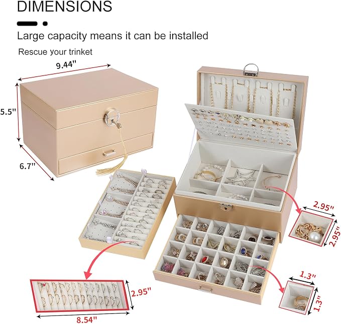 BOOVO Earring Jewelry Box For Women Girl Stud Organizer, 5 Layers Girl Jewelry Organizer Box With Lock Earring Holder Organizer Necklace Ring Jewelry Organizer Box For Girls (Champagne) - Image 4