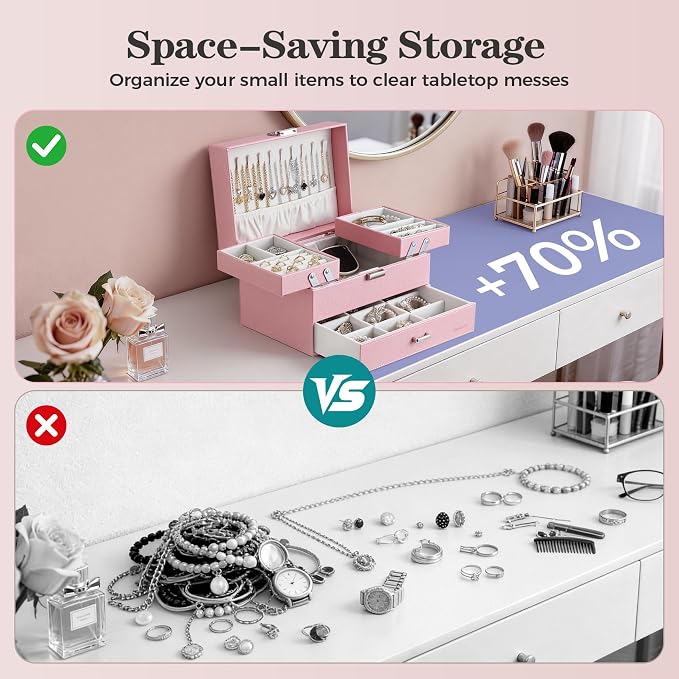 Dajasan Jewelry Organizer Box, Large Jewelry Boxes for Women Girls, Space-Saving 3 Layers Jewelry Storage Case with Drawer, Gift Idea, Movable Metal Stand, Modern (Pink) - Image 6