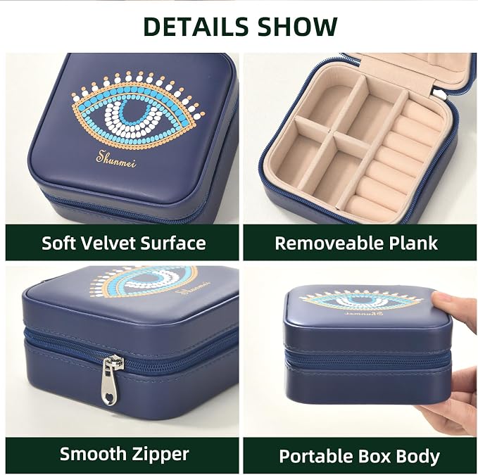 shunmei Mini Travel Jewelry Box,PU Leather Portable Jewelry Organizer Case,Art Accessories Storage Holder Boxes for Earring, Necklace, Rings, Bracelets (Blue Eyes) - Image 6
