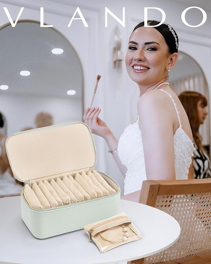 Vlando Jewelry Travel Case,Travel Jewelry Organizer with Clear Velvet Jewelry Bags 12Pcs Zipper Pouch for Women-Mint Green - Image 2
