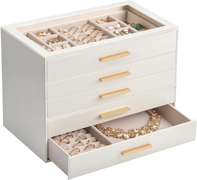 Lolalet Jewelry Box Organizer, 5-Layer Jewelry Organizers and Storage Case with Glass Lid, Ring Earring Bracelet Necklace Holder Organizer, Birthday Valentine Gifts for Women Girls -5Layer, Beige by Lolalet