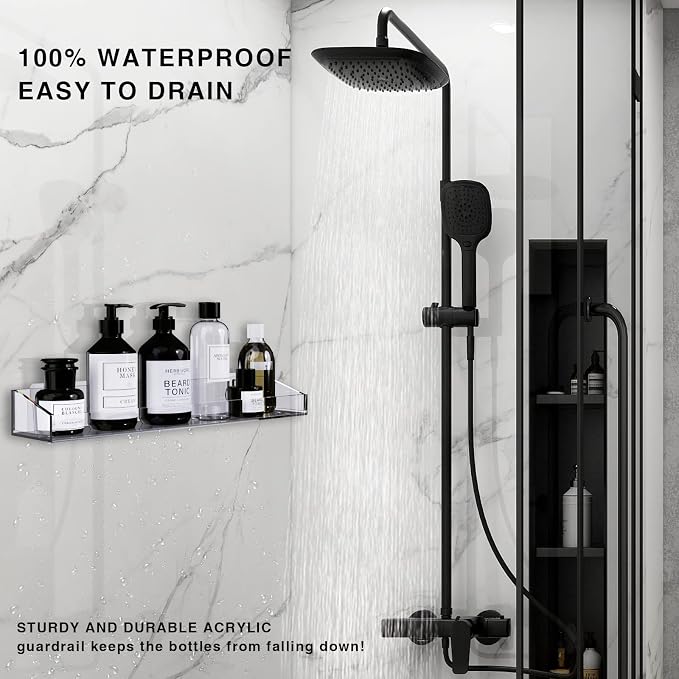 Bakzon Acrylic Shower Shelves 2 Pack, Adhesive Bathroom Shelves No Drill, Clear Acrylic Shower Caddy Wall Mounted Organizer for Inside Shower, Bathroom Storage Shelf - Image 6
