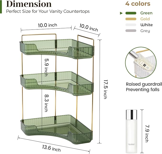 Aveniee Corner Bathroom Counter Organizer, 3 Tier Makeup Perfume Storage for Vanity, Countertop SkinCare Stand Shelf Holder for Women (Green) - Image 3