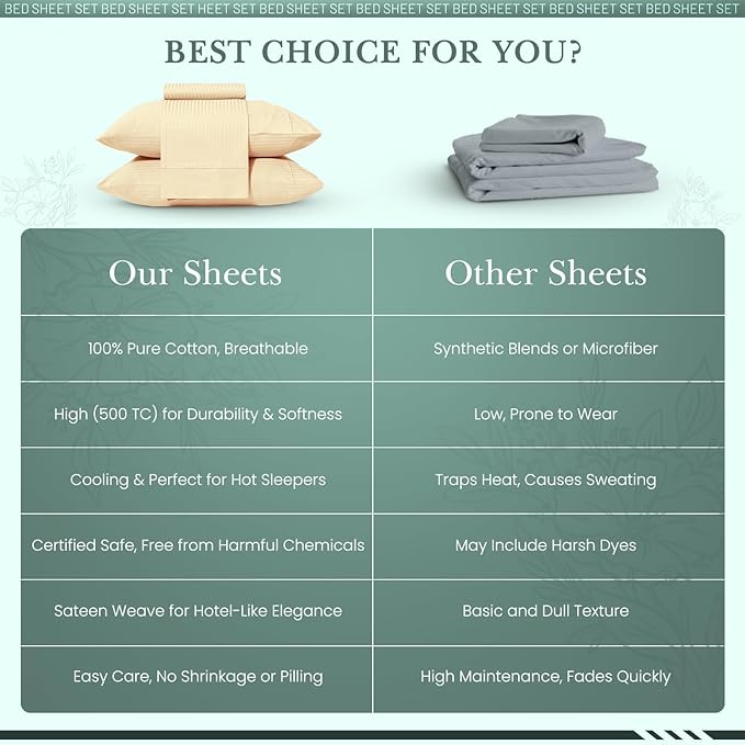 Feather & Stitch 500 TC Full Size Damask Bed Sheet Set, 100% Cotton Soft Breathable Bedsheets, 4 Piece 18" Deep Pockets Sateen Weave Striped Bedding Mattress Resort Hotel Luxury - (Semolina Stripe)