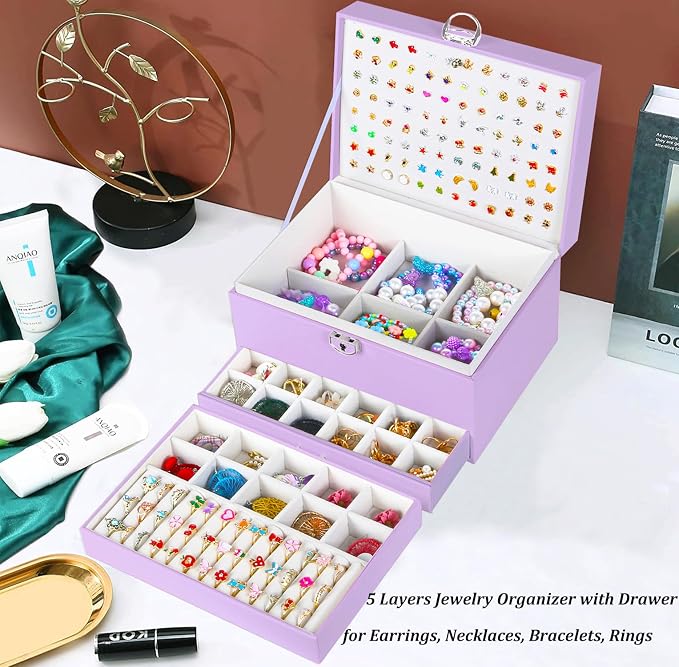 QBestry Earrings Jewelry Box for Girls, 5 Layers Jewelry Organizer with Earring Holder Organizer for Girls Earring Organizer Jewelry Boxes for Women Earrings and Necklaces Jewelry Box Organizer Violet - Image 8