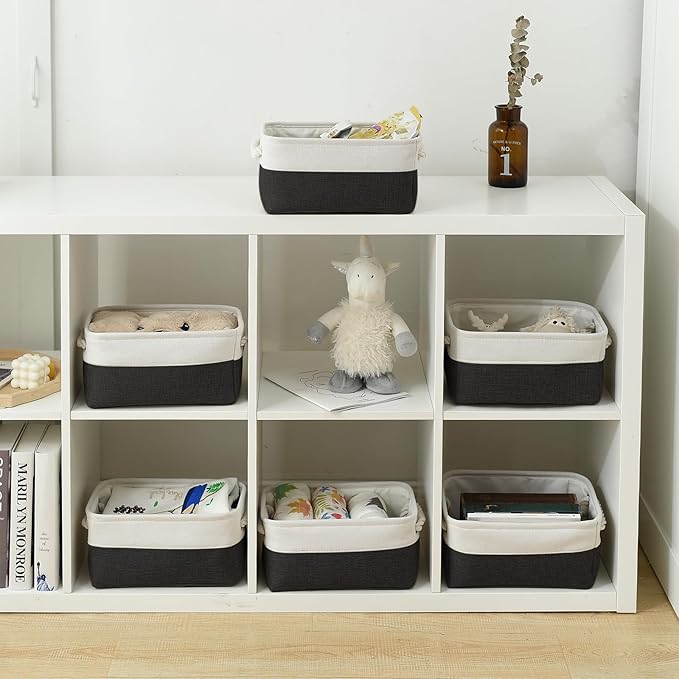 TheWarmHome Storage Bins for Shelves - 6 Pack 11.8x7.8x5.2 inch Collapsible Storage Cubes, Basket for Gifts Empty Closet Organizing Dog Toy Box (White & Black) - Image 2