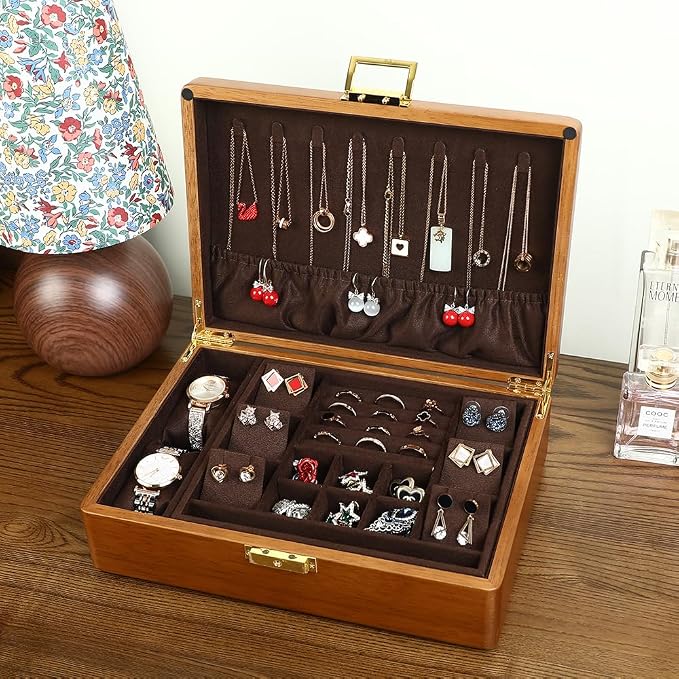 Solid Walnut Wood Jewelry Box with Lock, 2-Layer Vintage Jewelry Organizer for Men Women, Velvet-Lined Storage Chest with Key Lock (Brown)​ - Image 2