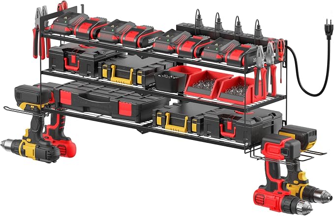 CCCEI Large Garage Tools Storage with Charging Station. Power Tool Battery Organizer Utility Shelf with Power Strip. 4 Drills Holder Wall Mount Rack, Black 3 Layer. by CCCEI