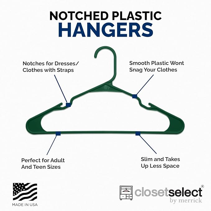 Closetselect Plastic Hangers 50 Pack - Space Saving Clothes Hangers, Made in USA, Durable & Strong Plastic Shirt & Coat Hanger with Notches & Shoulder Grooves, Non-Slip Clothing Hangers | Carpet Green - Image 4
