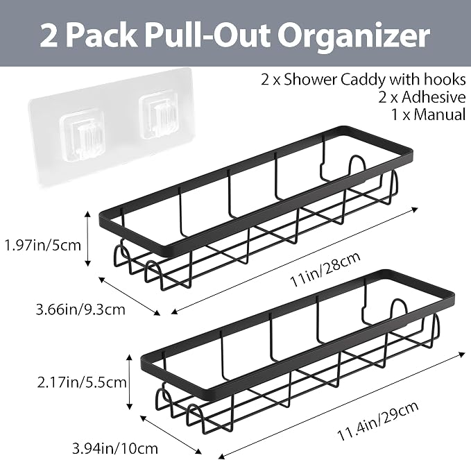 Shower Caddy Organizer with Hooks,Self Adhesive Bathroom Shelves,No Drilling Bathroom Organizers and Storage,Perfect for RV, Apartment, Home Decor,2 Pack Black - Image 2