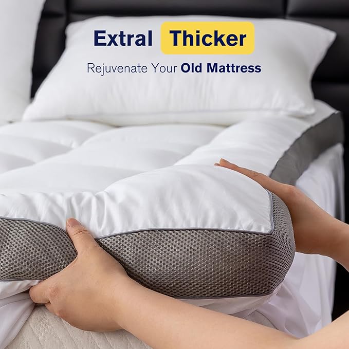 Ultimate Comfort & Cooling,Front:100% Cotton,Skirt:100% Polyester,ThickQueen Mattress Topper-Luxurious Softness,for Back Pain,Revolutionary Cooling Technology,No Slip Design,Deep Sleep Mattress Pad