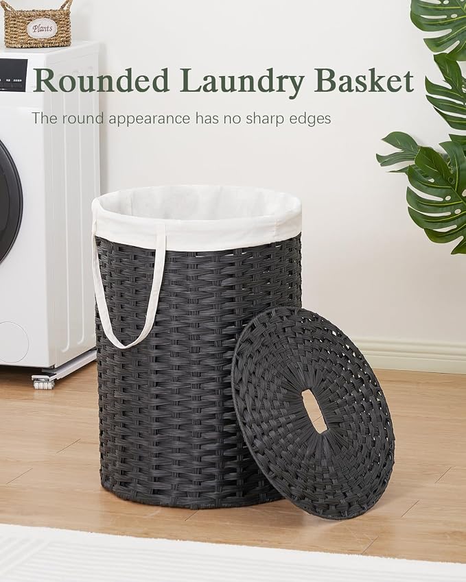 SETVSON Laundry Basket with Lid Round Rattan Laundry Hamper with Lid and Handles 29.1 Gal (110 L) Handwoven Woven Basket with Removable Bags and 2 Mesh Bags for Bathroom Living Room Black - Image 2