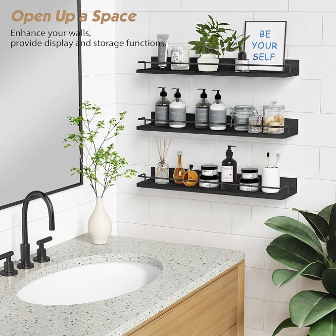 Forbena 24 Inch Wall Shelves for Bedroom 3-Pack, Black Floating Shelves with Rail, Vintage Large Floating Book Shelves for Bathroom Kitchen Living Room Office Decor Kids Room Legos Display (Black) - Image 4