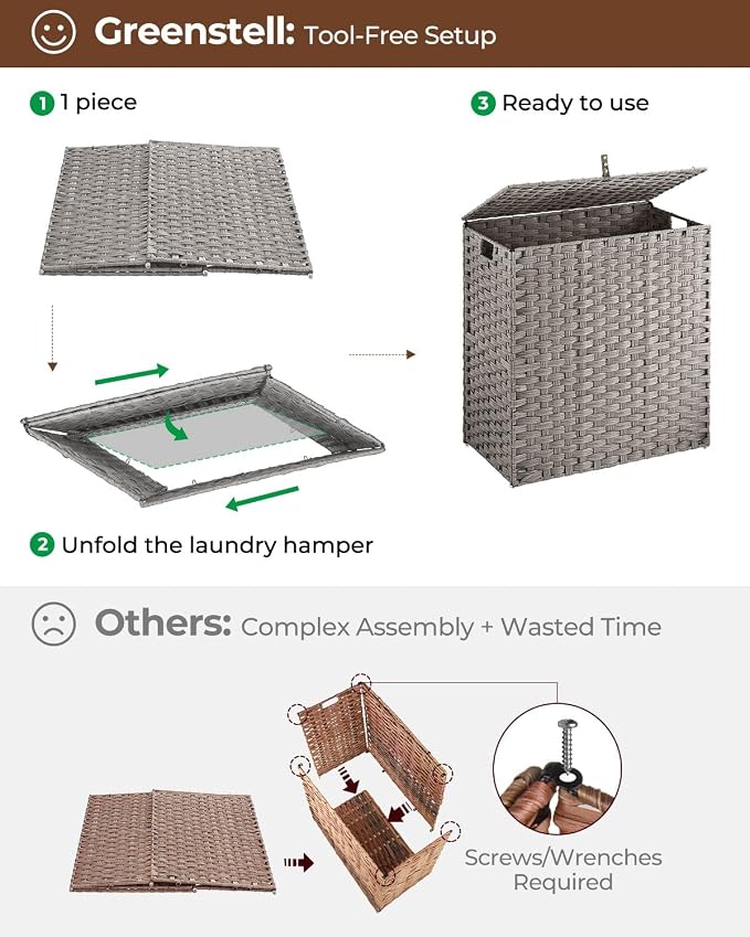 Greenstell Laundry Hamper with lid, No Install Needed, 110L Wicker Laundry Baskets Foldable 2 Removable Liner Bags, 2 Section Clothes Hamper Handwoven Rattan Laundry Basket with Handles, Gray - Image 5