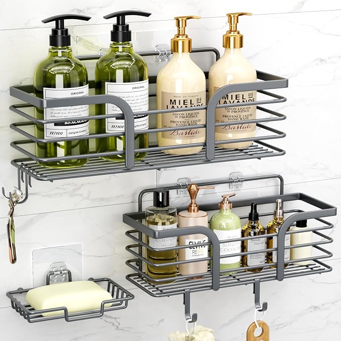 Yougai Shower Caddy, Shower Organizer with Soap Holder and Hooks, Rustproof Shower Shelves, No Drilling Bathroom Organizers and Storage, Wall-Mounted Kitchen & Home Decor (Dark Gray) by Yougai