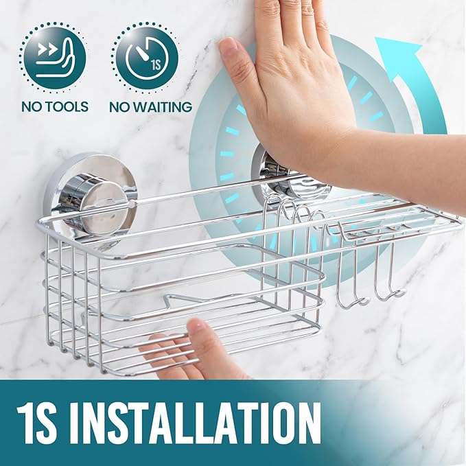 TAILI Shower Caddy Suction Cup, 3 Pack Shelves for Inside with Hooks & Soap holder Toothbrush Cups, Removable Bathroom Organizer, Rustproof Silver Holder Storage-Silver - Image 2