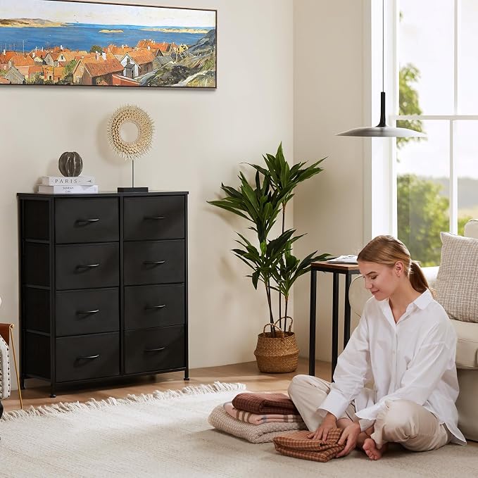OLIXIS 8 Drawer Storage Dresser with Wood Top - Wide Fabric Chest Organizer for Bedroom, Closet, Living Room,Tower Cabinet, TV Stand, Hallway Entryway Furniture,Black - Image 4
