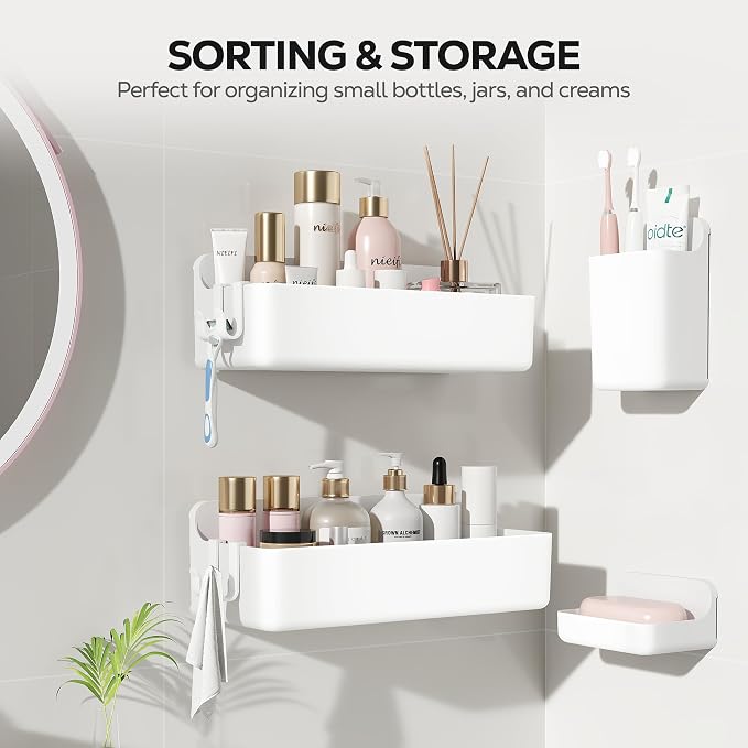 Nieifi Adhesive Wall Shelf, Shower Shelves, Shower Organizer for Bathroom Organization (White, 4 pieces) - Image 8