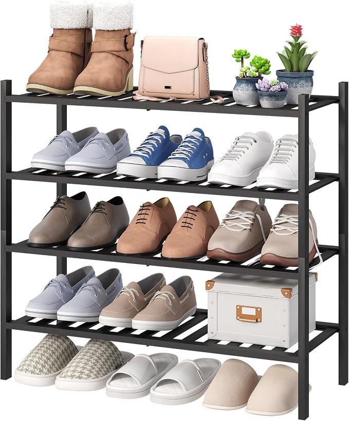 viewcare 4-Tier Black Bamboo Shoe Rack for Entryway, Stackable | Foldable | Natural, Shoe Organizer for Hallway Closet, Free Standing Shoe Racks for Indoor Outdoor by VIEWCARE