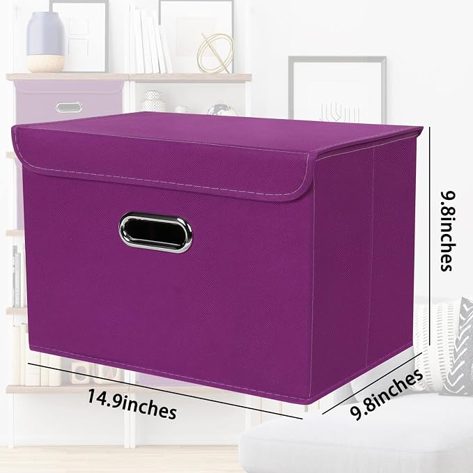 STOREONE Fabric Storage Cube Bins Foldable Organizer Container Collapsible Basket with Lids and Metal Handles, for Home, Bedroom, Closet 3 Pcs (Purple) - Image 2