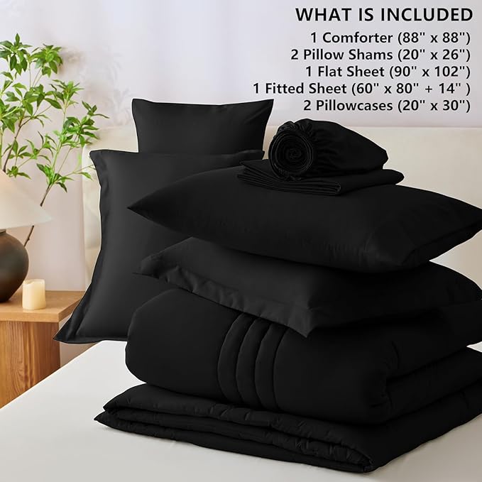 CozyLux Queen Size Comforter Sets - 7 Piece Bed in a Bag Black Comforter Set with Sheets Queen Bed Set All Seasons, Soft Bedding Set with Down Alternative Comforter, Sheets, Pillowcases & Shams