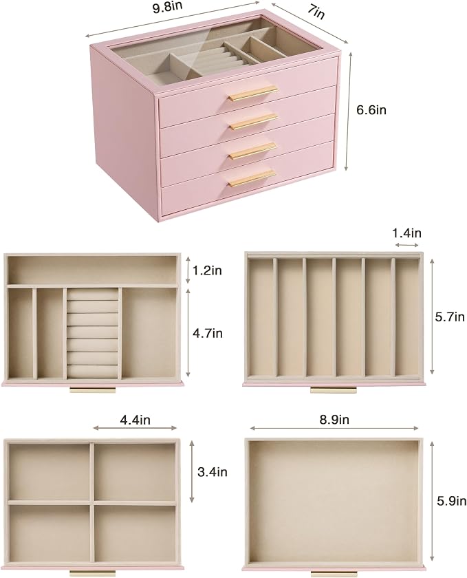 pickpiff Jewelry Box Organizer Case for Women: 4-Layer Jewelry Storage Case with Glass Window, Pink Leather with Velvet Holder for Ring Necklace Bracelet Brooch Watch, Great Gift for Her - Image 6