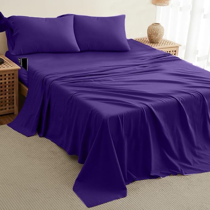 DREAMCARE Full Size Sheets - Cooling Bed Sheets - 4pcs Set - up to 15" Deep Pocket Full Sheet Set - Sheets Full Size Bed - Soft & Long Lasting 100% Fine Brushed Polyester with Side Pocket - Purple