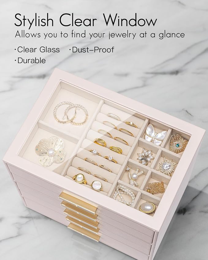VLANDO 5 Layer Jewelry Box for Women, Glass Lid Jewelry Organizer with 5 Drawers for Necklaces Rings Earrings Bracelets - Light Pink - Image 3