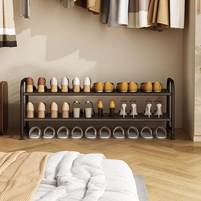INGIORDAR Shoe Rack 2 Tier Long Storage Organizer Wide Metal Shoe Shelf for Closet Entryway Brown - Image 2