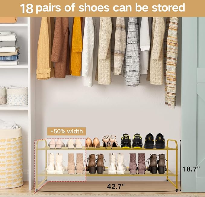 KEETDY 2-Tier Long Shoe Rack for Closet Metal Shoe Organizer for Entryway, Wide Stackable Shoe Storage Shelf with Sturdy Wire Grid for Closet Floor, Bedroom, Gold - Image 3