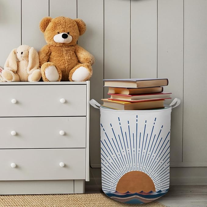 Boho Laundry Basket, Mid Century Modern Boho Terracotta Sun Sea Wave Waterproof Collapsible Laundry Hamper Dirty Clothes Storage Toy Bin Organizer for Bathroom Bedroom Nursery Girls Kids Room - Image 4