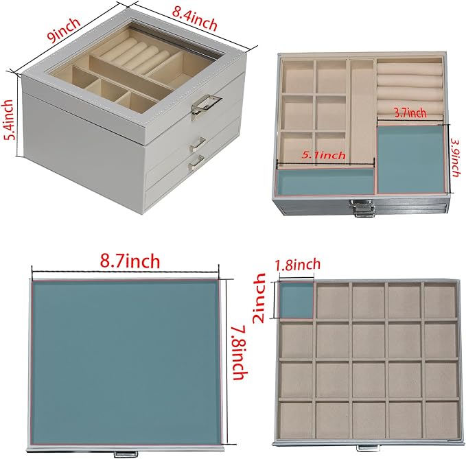 BOOVO Clear Lid Jewelry Box,3 Layers Jewelry Organizer Large Multi-Functional Jewelry Storage Box with 2 Drawers,Jewelry Display Case of Rings Earrings Necklace Bracelets for Women Girls (Grey) - Image 3