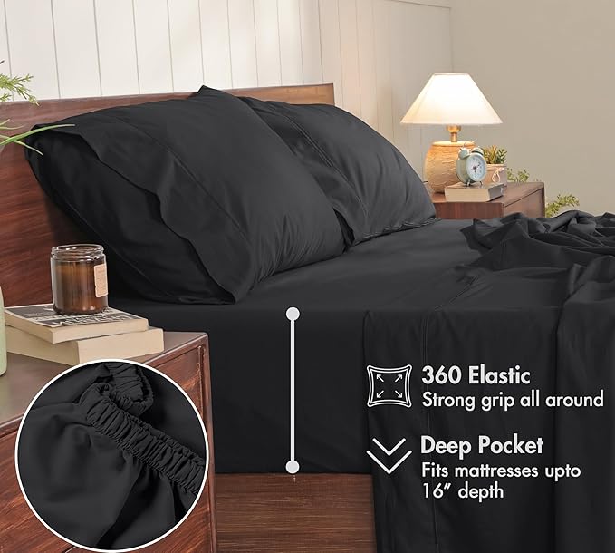 RUVANTI 100% Cotton Sheets – Full Size Percale Bedding, Cooling & Breathable, Durable with a Crisp, Soft & Comfortable Feel, 16" Deep Pocket, 4-Piece Set, Jet Black