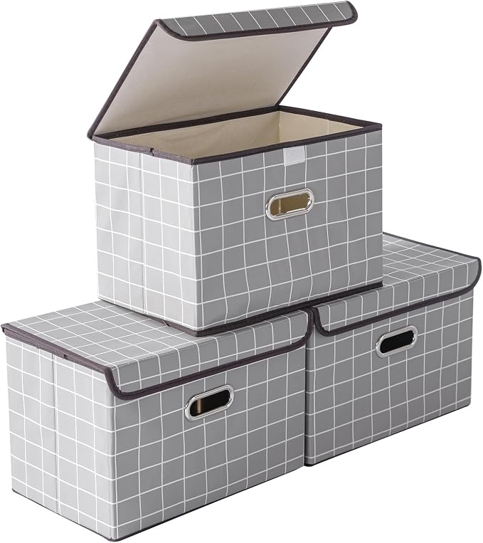 STOREONE Fabric Storage Cube Bins Foldable Organizer Container Collapsible Basket with Lids and Metal Handles, for Home, Bedroom, Closet 3 Pcs (Grey grid) by STOREONE