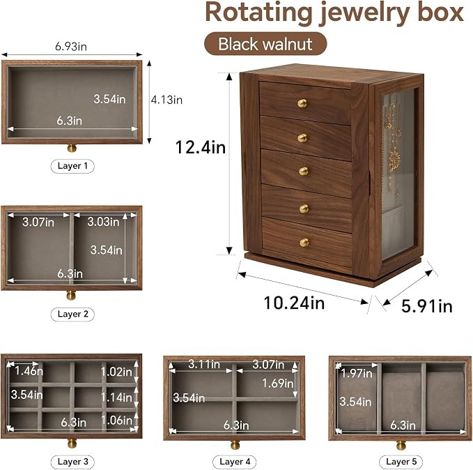 Wooden Jewelry Box for Women, 360 Rotating Design,Large Jewelry Organizer with Velvet Lining, 5 Drawers, Transparent Glass Doors, Black Walnut Wood Grain, Jewelry Storage Organizer - Image 4