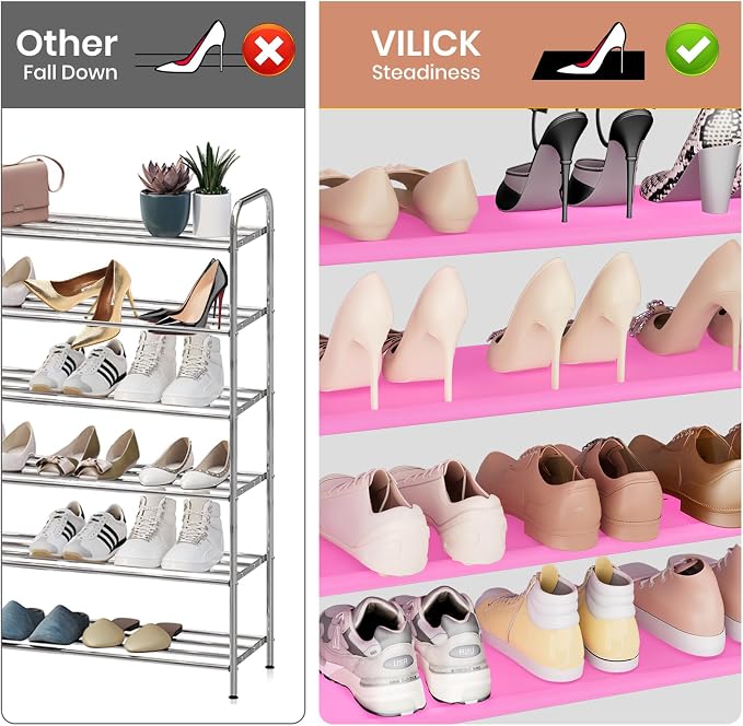 VILICK Shoe Rack for Closet Shoe Organizer Space Saver Storage for 20-25 Pair Shoe Shelf with Hook and Side Pocket Free Standing 5 Tier Shoe Rack Organizer for Entryway,Small Spaces, Pink - Image 6