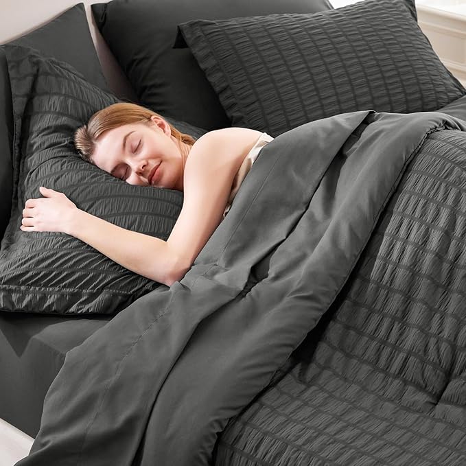 CozyLux Oversized Queen Comforter Set Dark Grey Seersucker 7 Pieces 98x98 Bed in a Bag Comforter Set with Sheets, Luxury Bedding Sets Down Alternative Comforter, Sheets, Pillowcases & Shams, Dark Gray