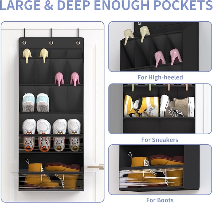 FENTEC 1 Pack Over-the-Door-Shoe-Organizers, Hanging Shoe Organizer with Large Pocket Shoe Holder Hanging Shoe Rack for Closet Shoe Organizer for Wall, Over Door Organizer with 15 Pockets Black - Image 2