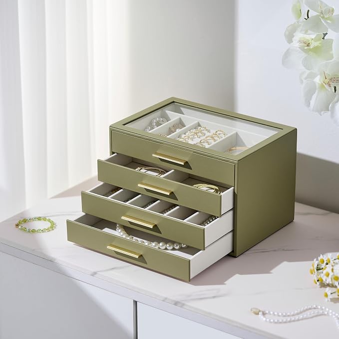 Jewelry Box Organizer Case for Women: 4-Layer Jewelry Storage Case with Glass Window, Olive Green Leather with Cream Velvet, Holder for Ring Necklace Bracelet Brooch Watch, Great Gift for Her - Image 3